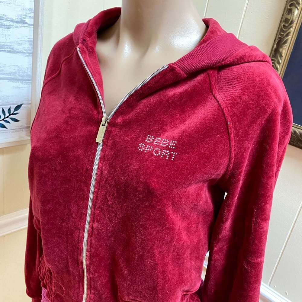 Bebe Sport Red Velvet Velour Rhinestone Track Jacket | Y2K Aesthetic